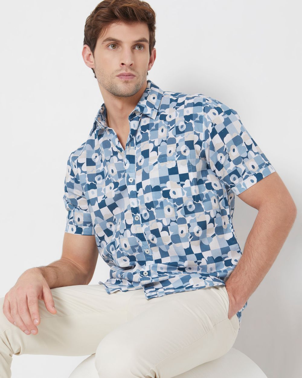 Blue Floral Checkerboard Print Slim Fit Casual Shirt
