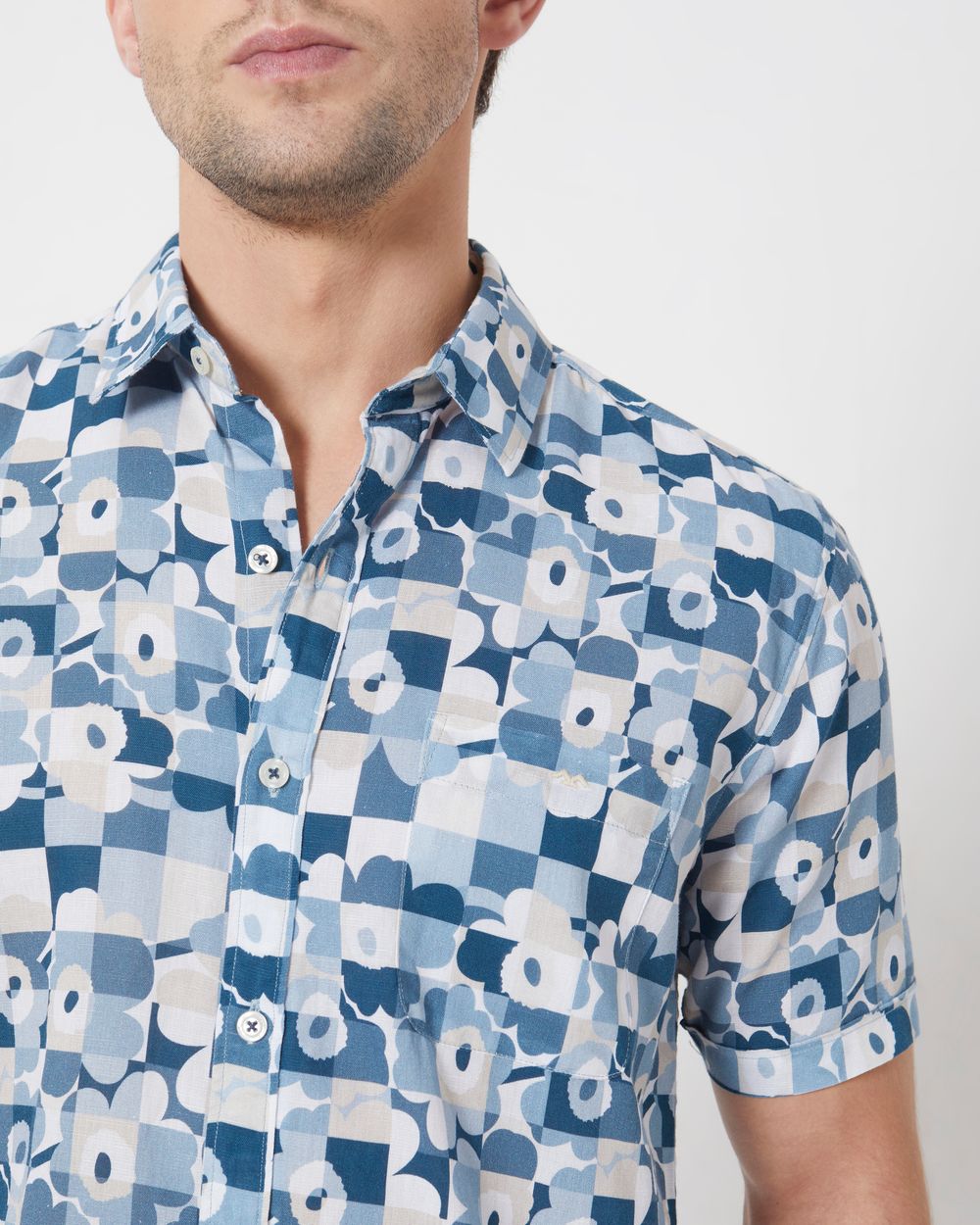 Blue Floral Checkerboard Print Slim Fit Casual Shirt