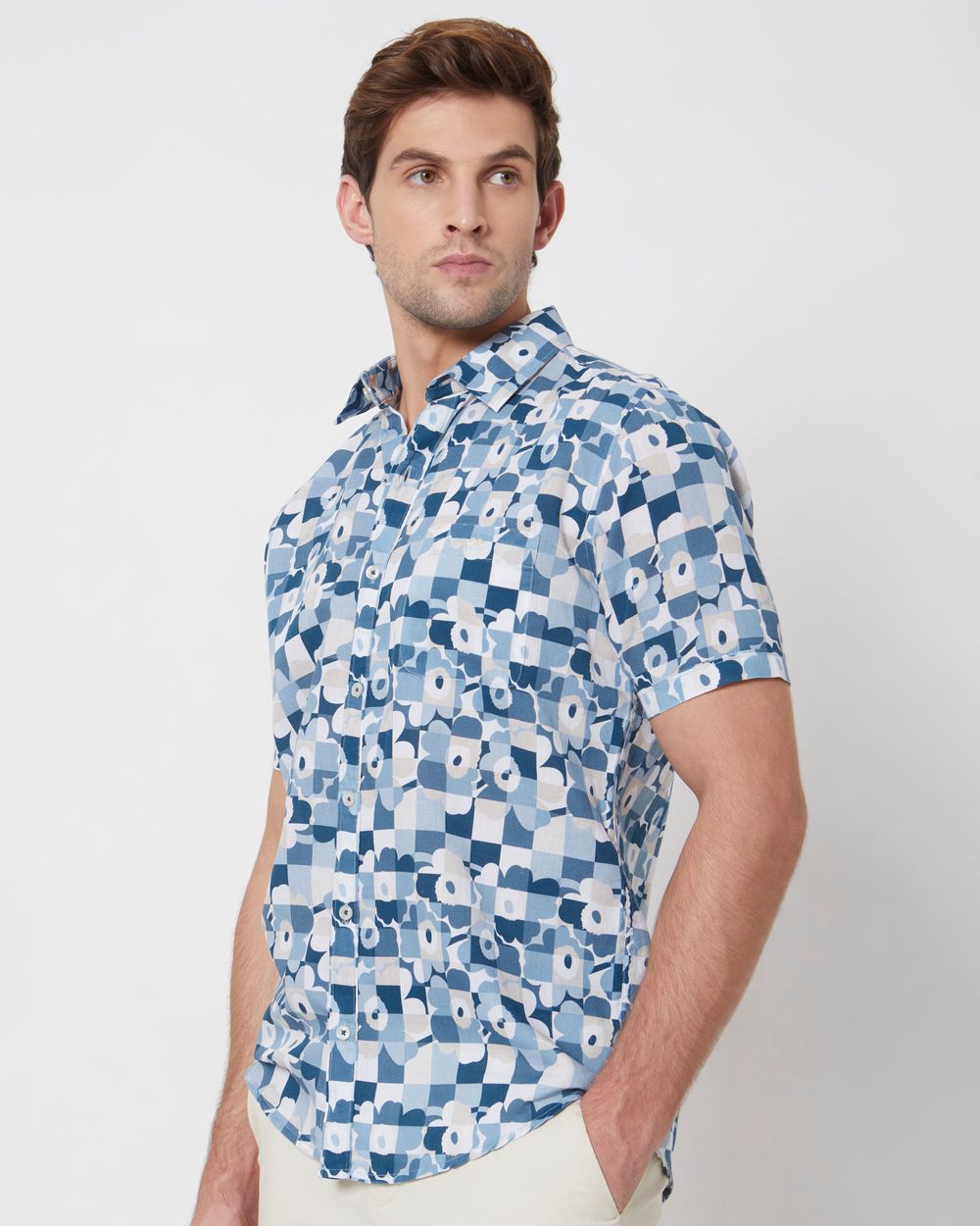 Blue Floral Checkerboard Print Slim Fit Casual Shirt