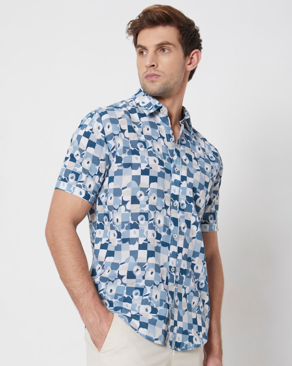 Blue Floral Checkerboard Print Slim Fit Casual Shirt