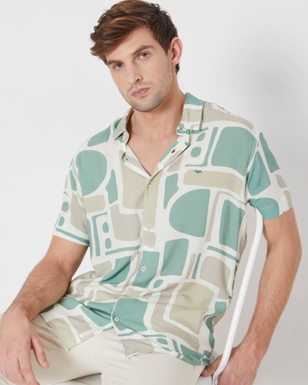 Beige Abstract Print Slim Fit Casual Shirt