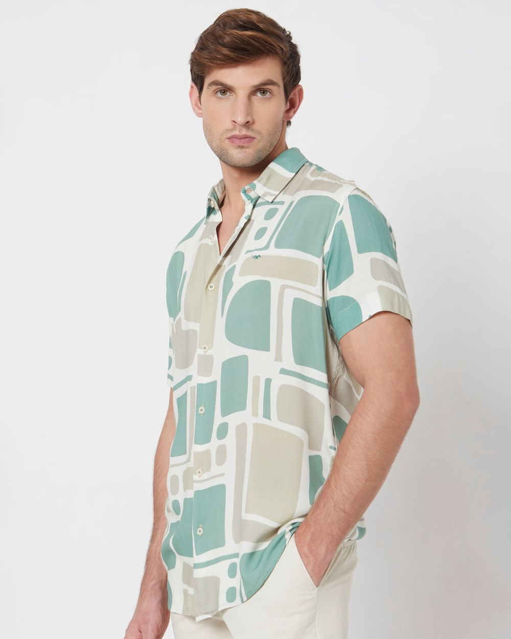 Beige Abstract Print Slim Fit Casual Shirt