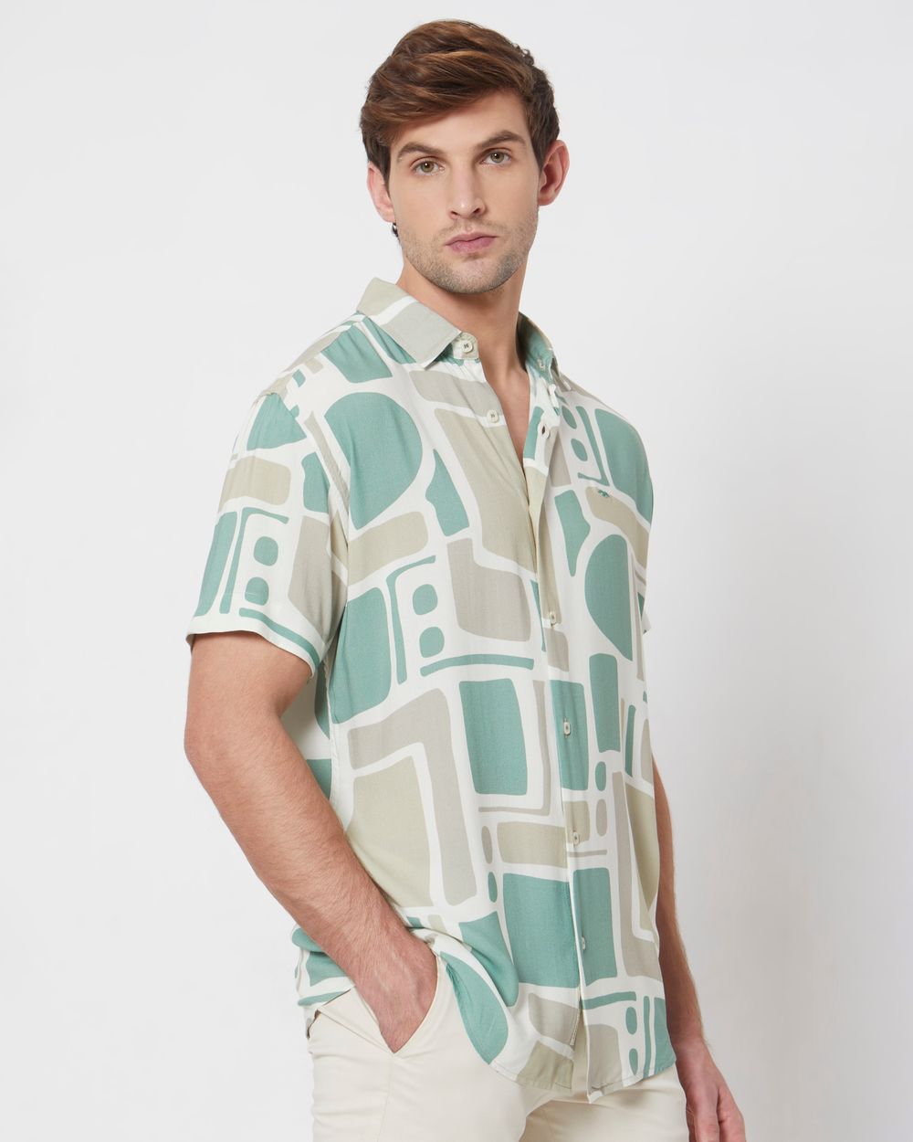 Beige Abstract Print Slim Fit Casual Shirt