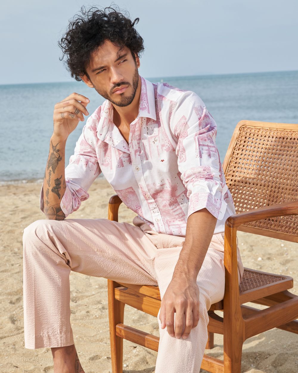 Pink Cyanotype Print Slim Fit Casual Shirt