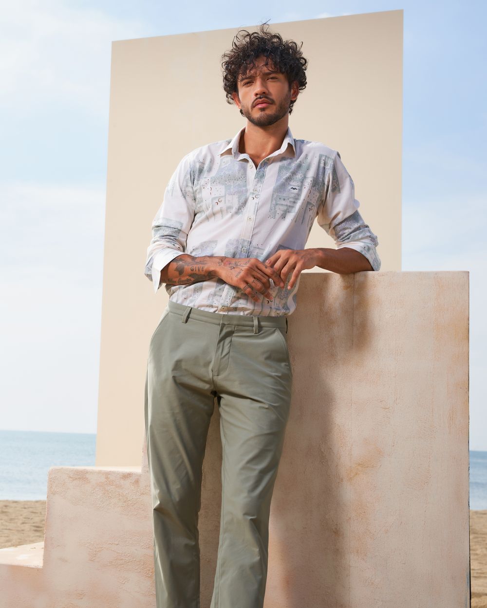 Light Olive Cyanotype Print Slim Fit Casual Shirt