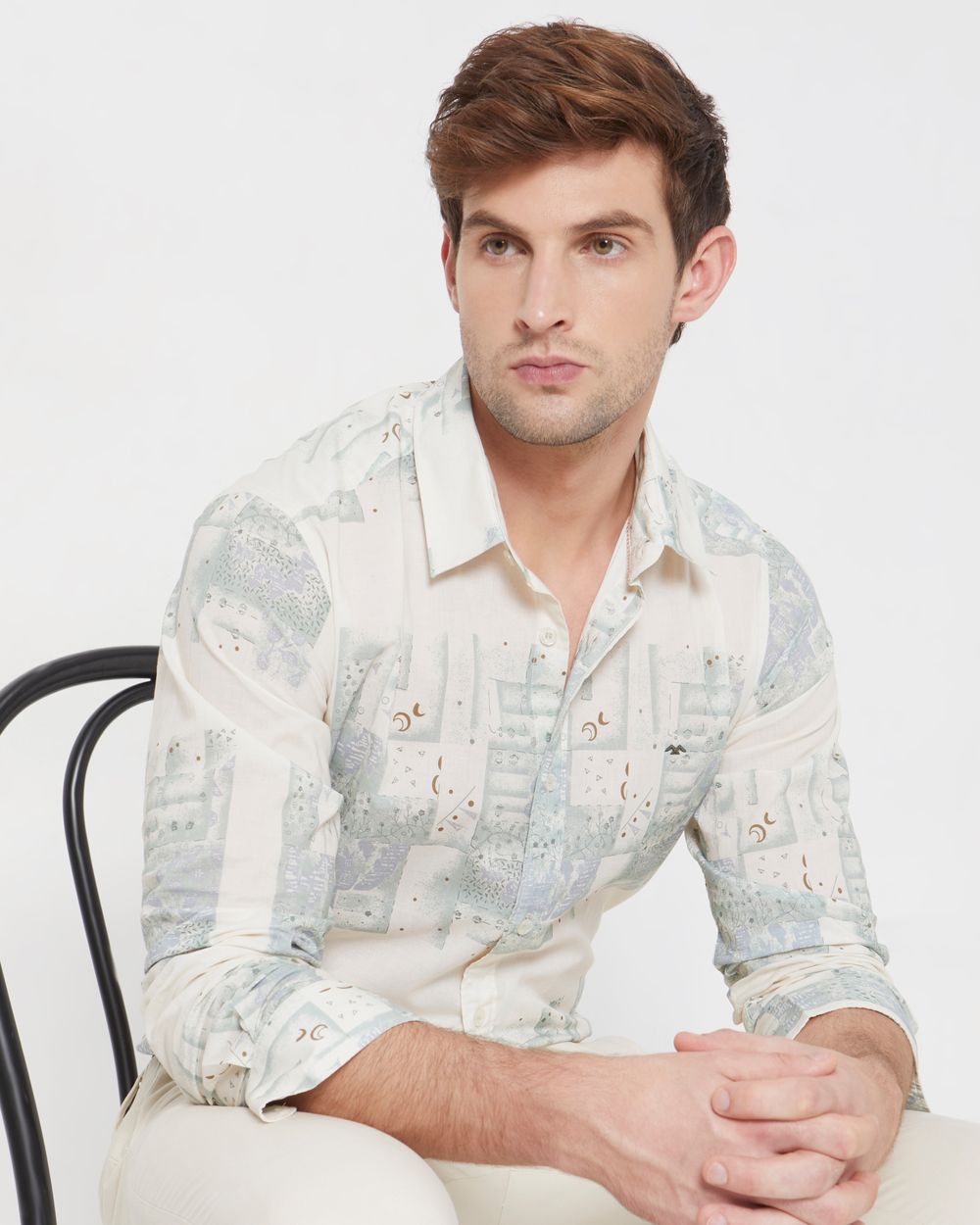 Light Olive Cyanotype Print Slim Fit Casual Shirt