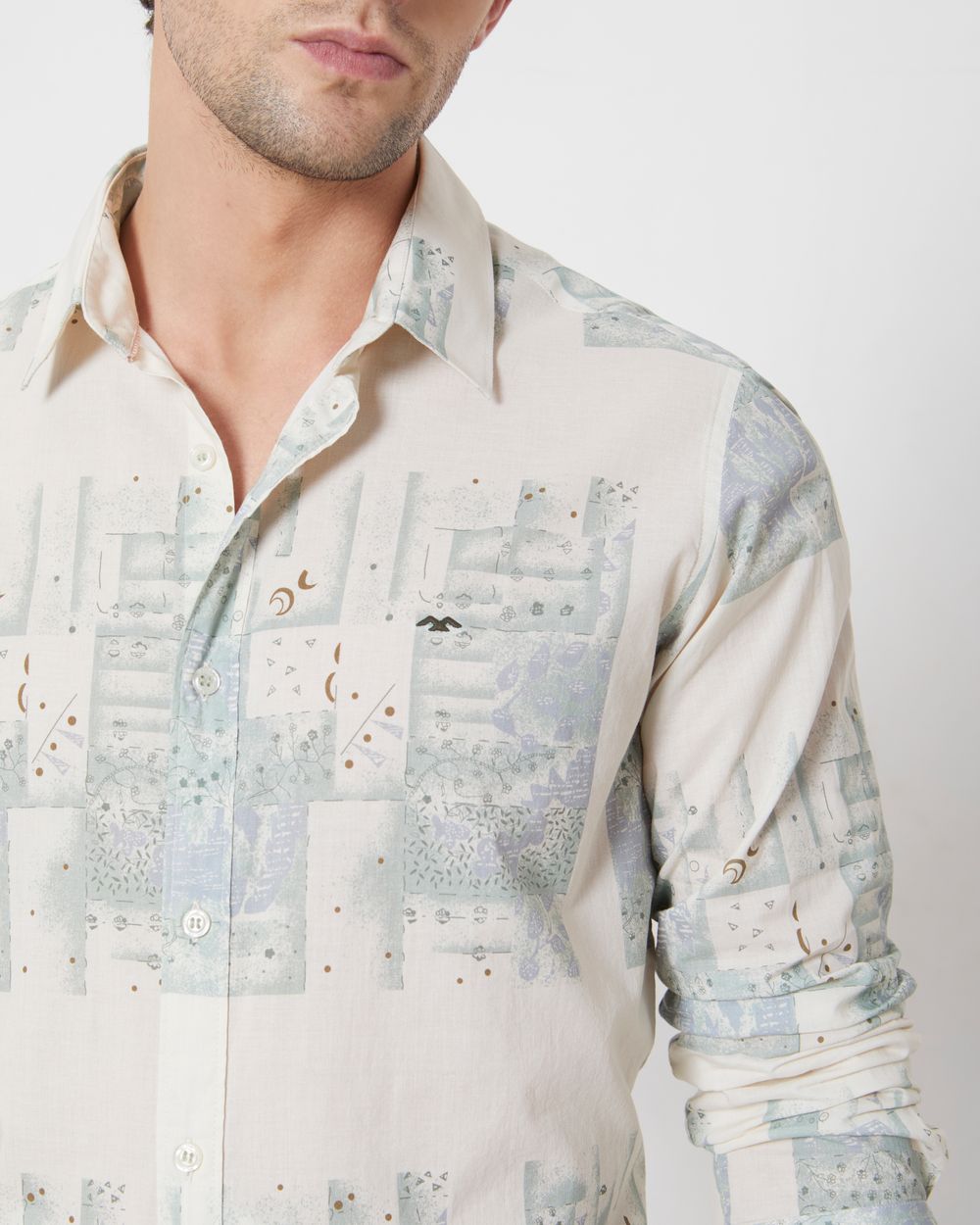 Light Olive Cyanotype Print Slim Fit Casual Shirt
