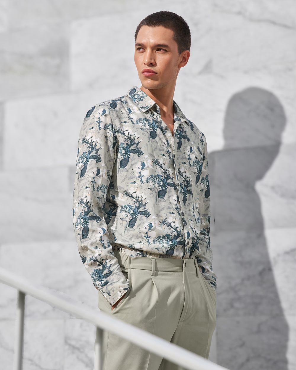 Olive Floral Print Slim Fit Casual Shirt