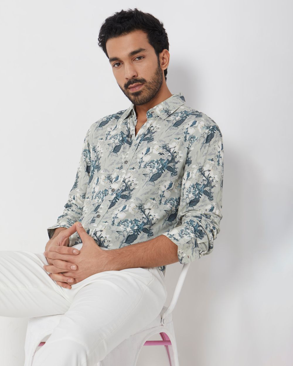 Olive Floral Print Slim Fit Casual Shirt