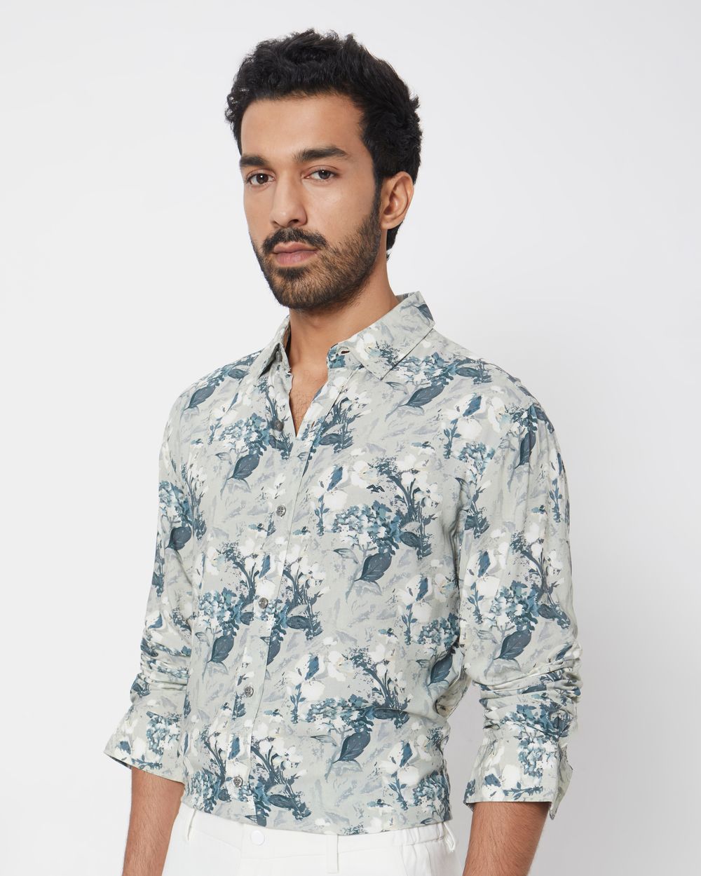 Olive Floral Print Slim Fit Casual Shirt