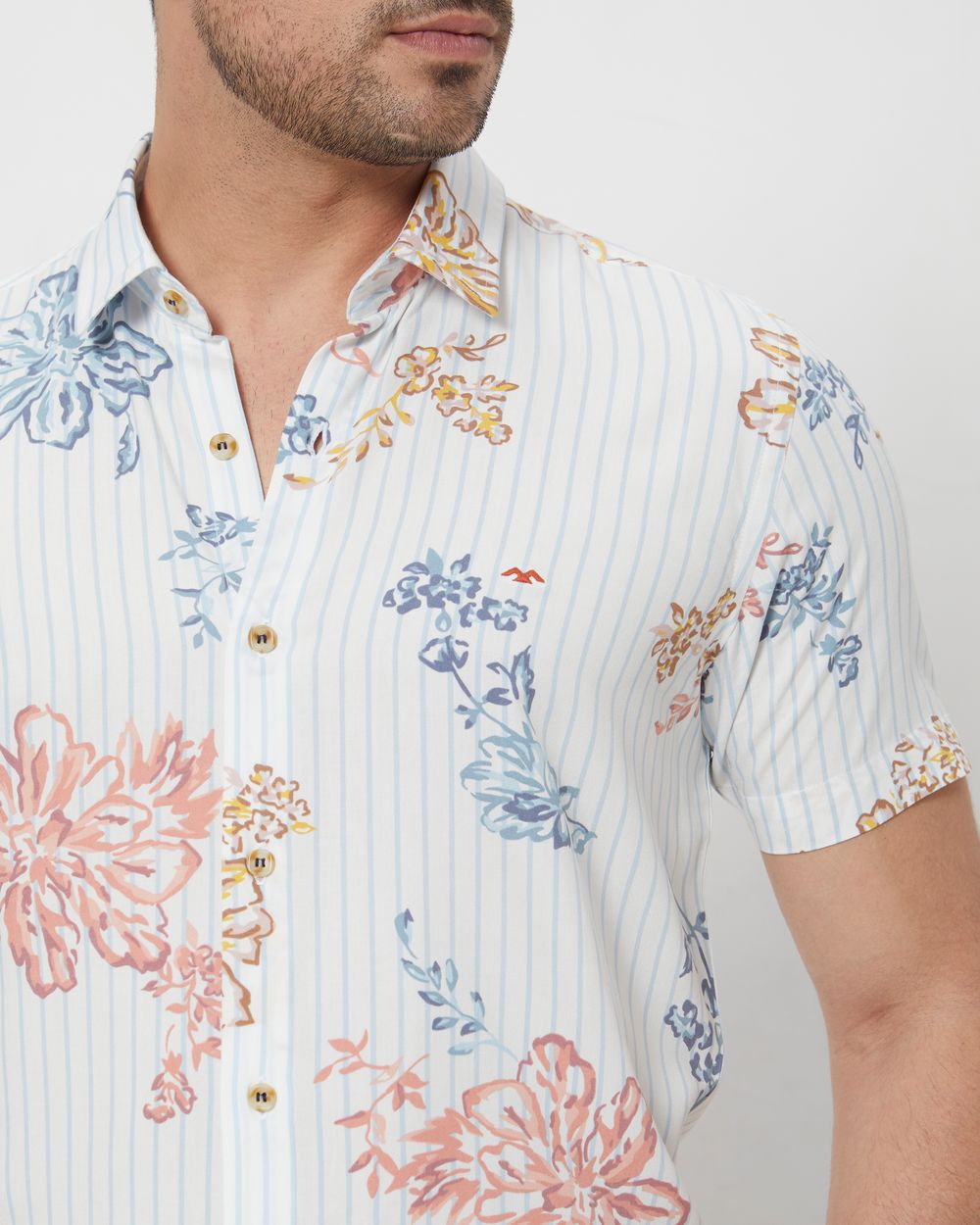 Light Blue Floral Print Slim Fit Casual Shirt