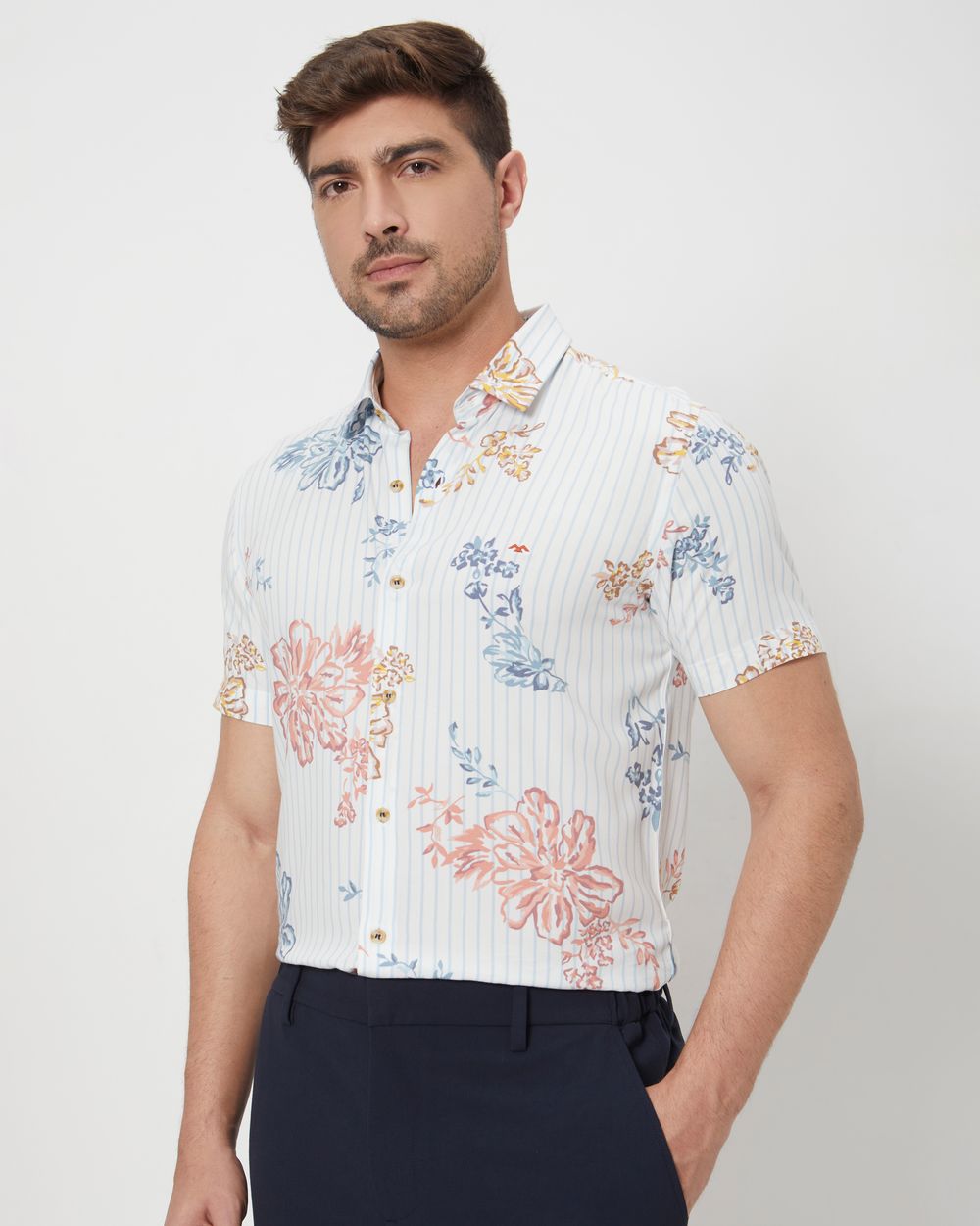 Light Blue Floral Print Slim Fit Casual Shirt