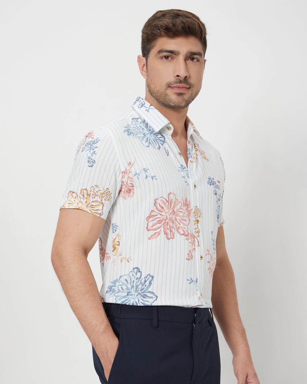 Light Blue Floral Print Slim Fit Casual Shirt