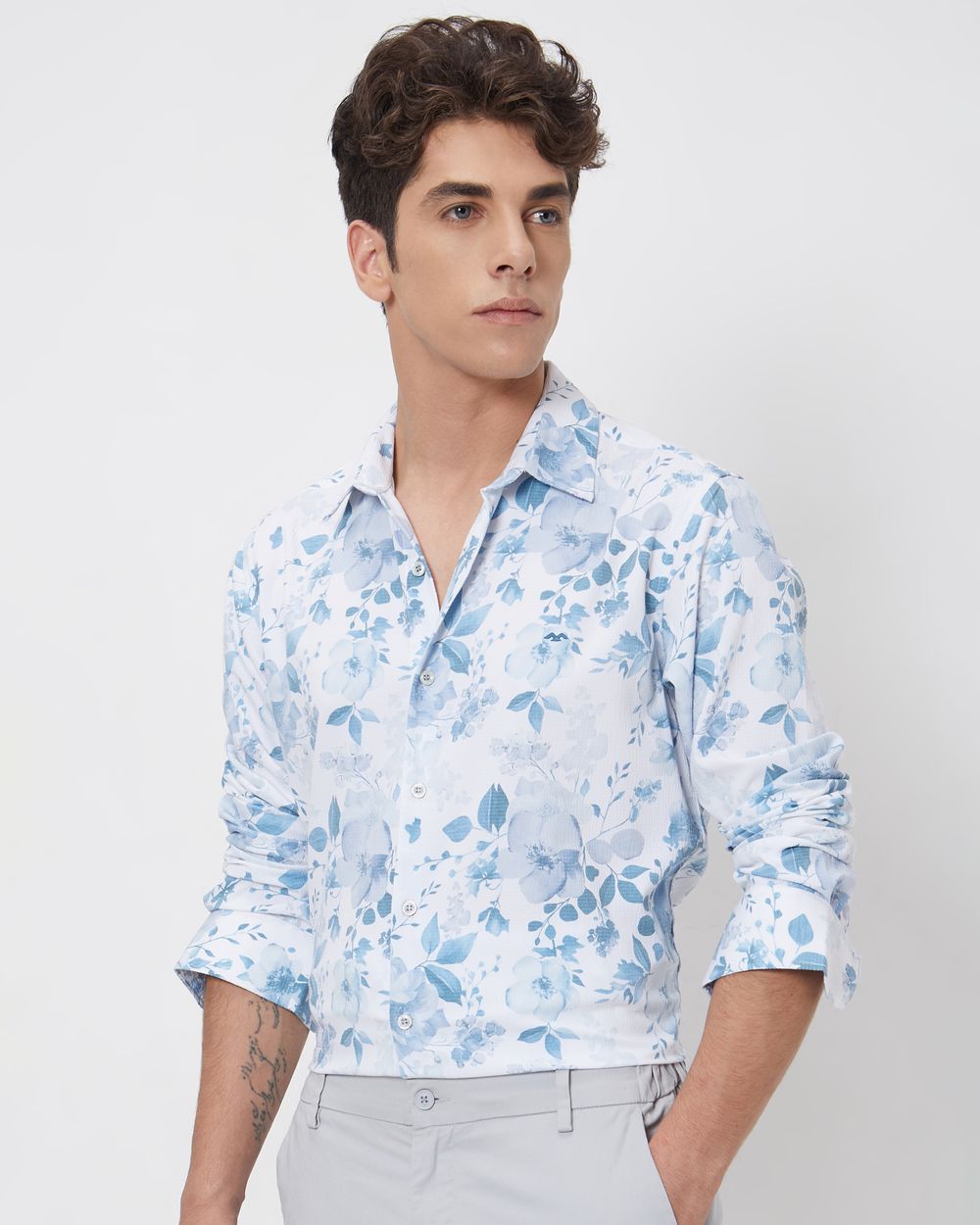 White Floral Print Slim Fit Casual Shirt
