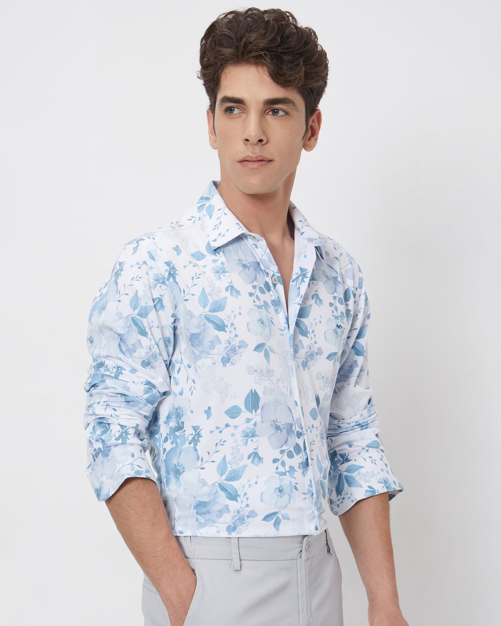 White Floral Print Slim Fit Casual Shirt