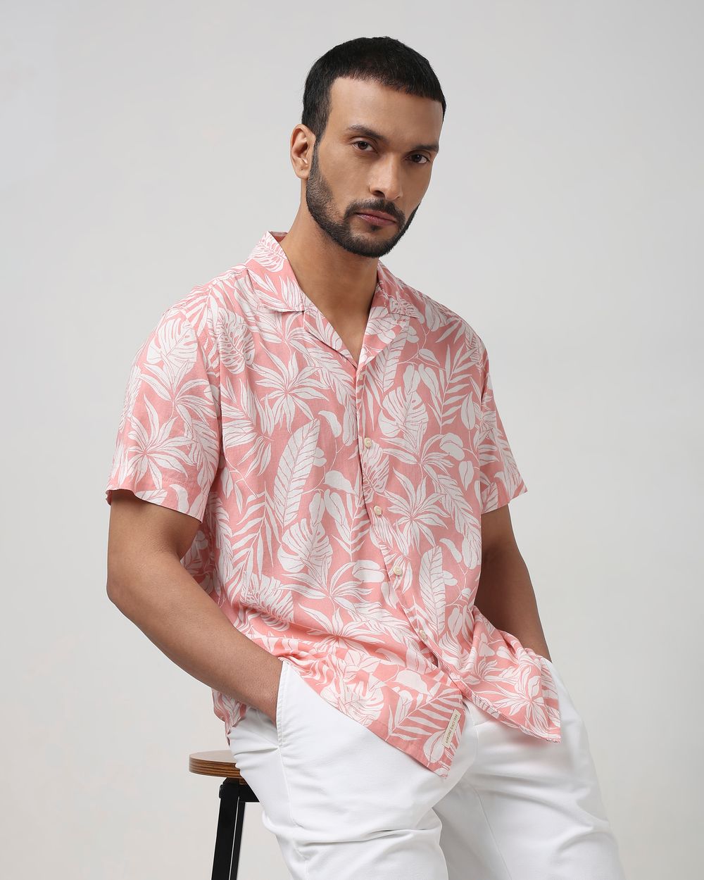 Pink Leaf Print Slim Fit Casual Shirt