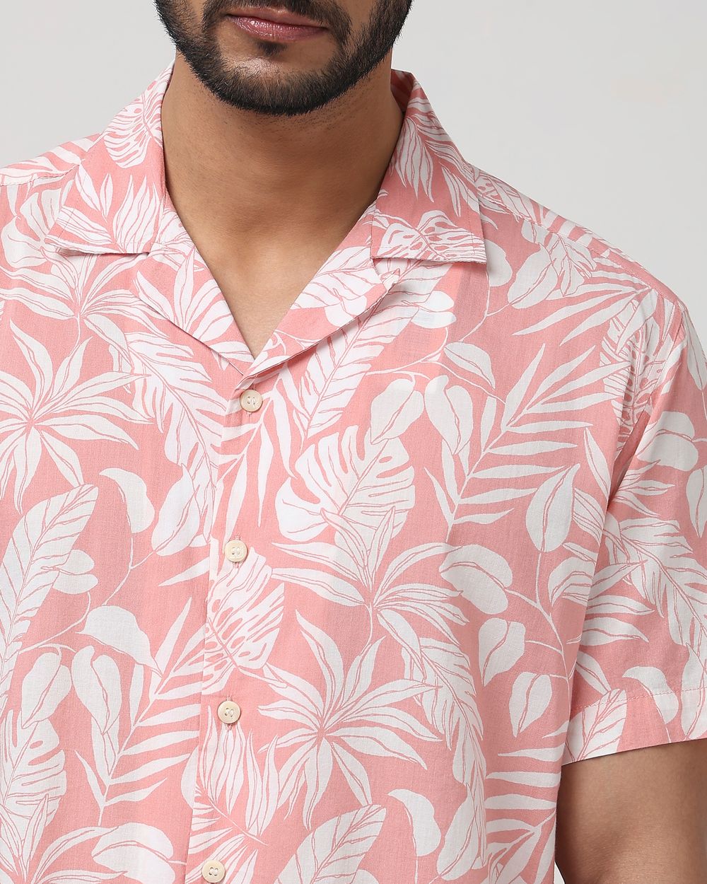 Pink Leaf Print Slim Fit Casual Shirt