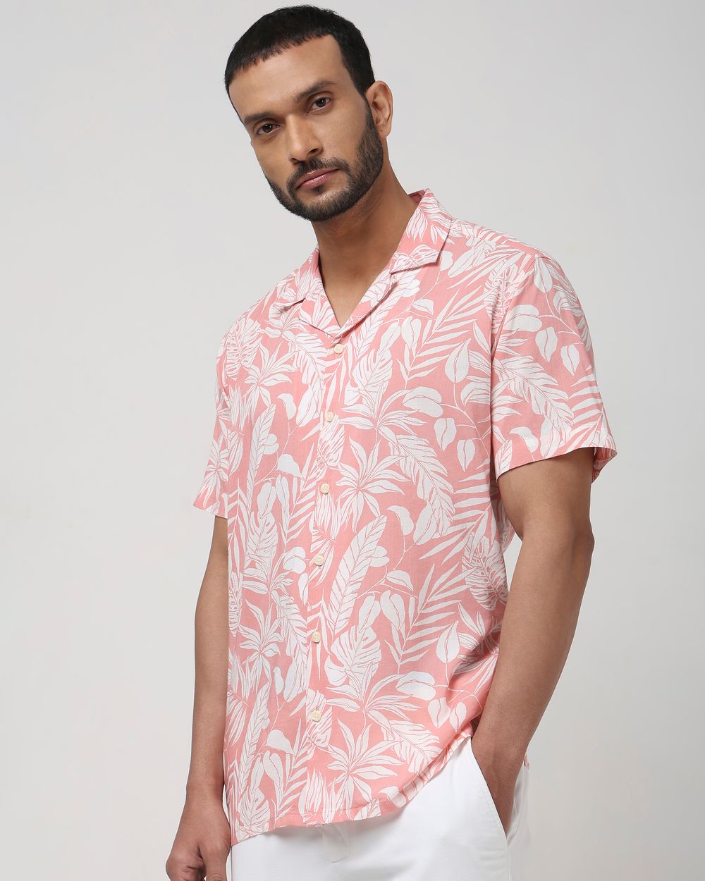 Pink Leaf Print Slim Fit Casual Shirt