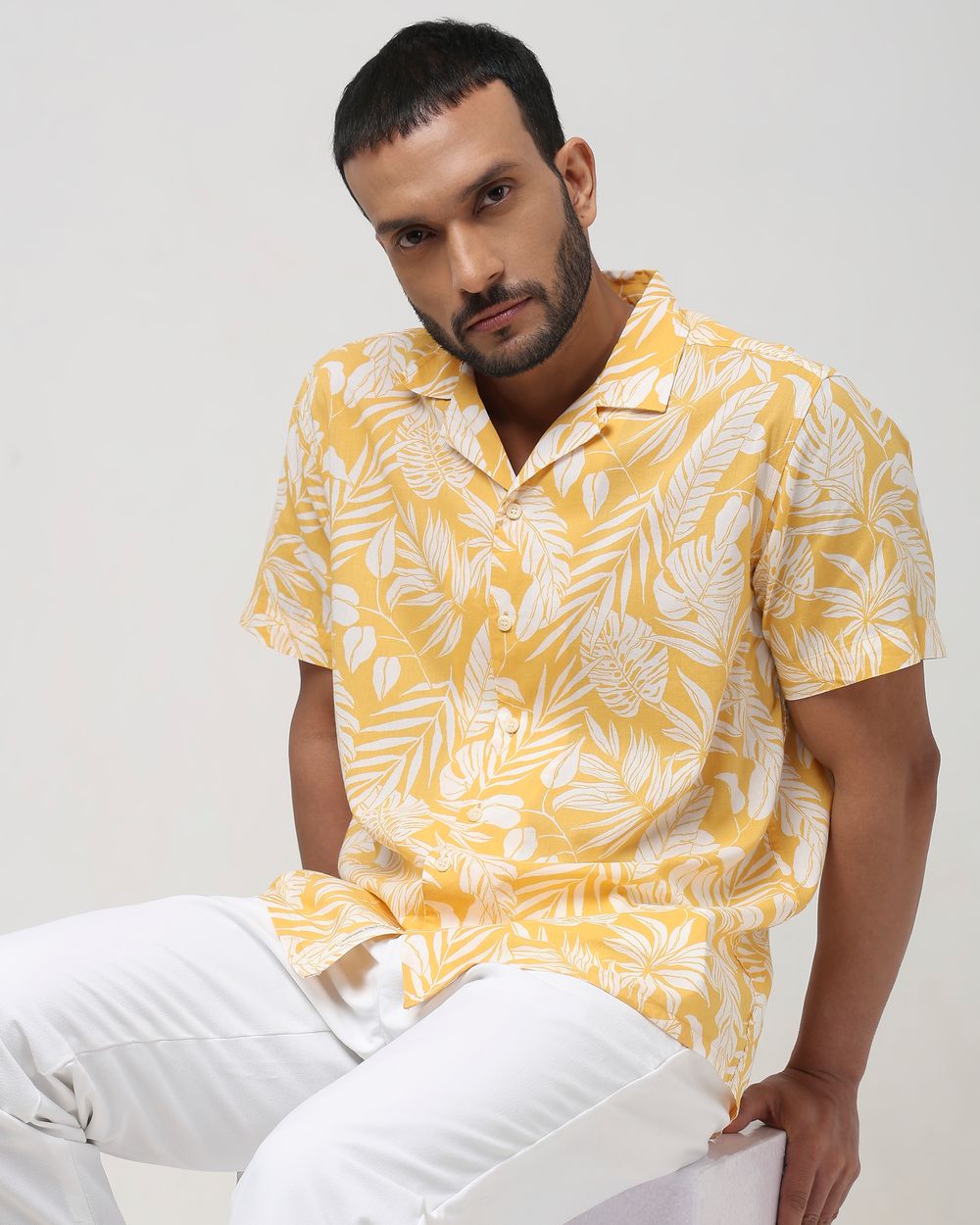 Yellow Leaf Print Slim Fit Casual Shirt
