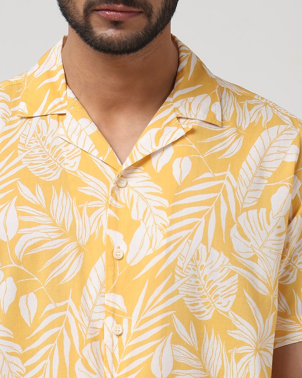 Yellow Leaf Print Slim Fit Casual Shirt