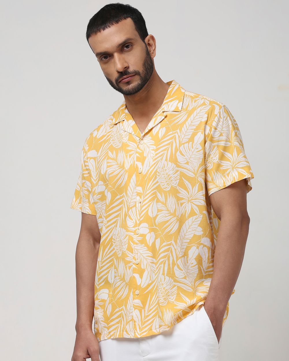 Yellow Leaf Print Slim Fit Casual Shirt
