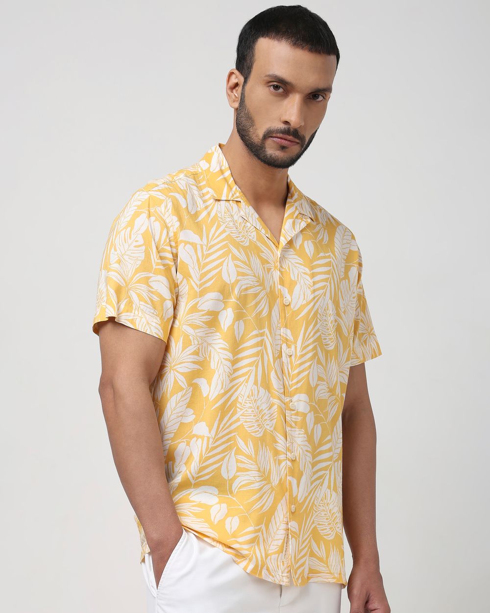 Yellow Leaf Print Slim Fit Casual Shirt