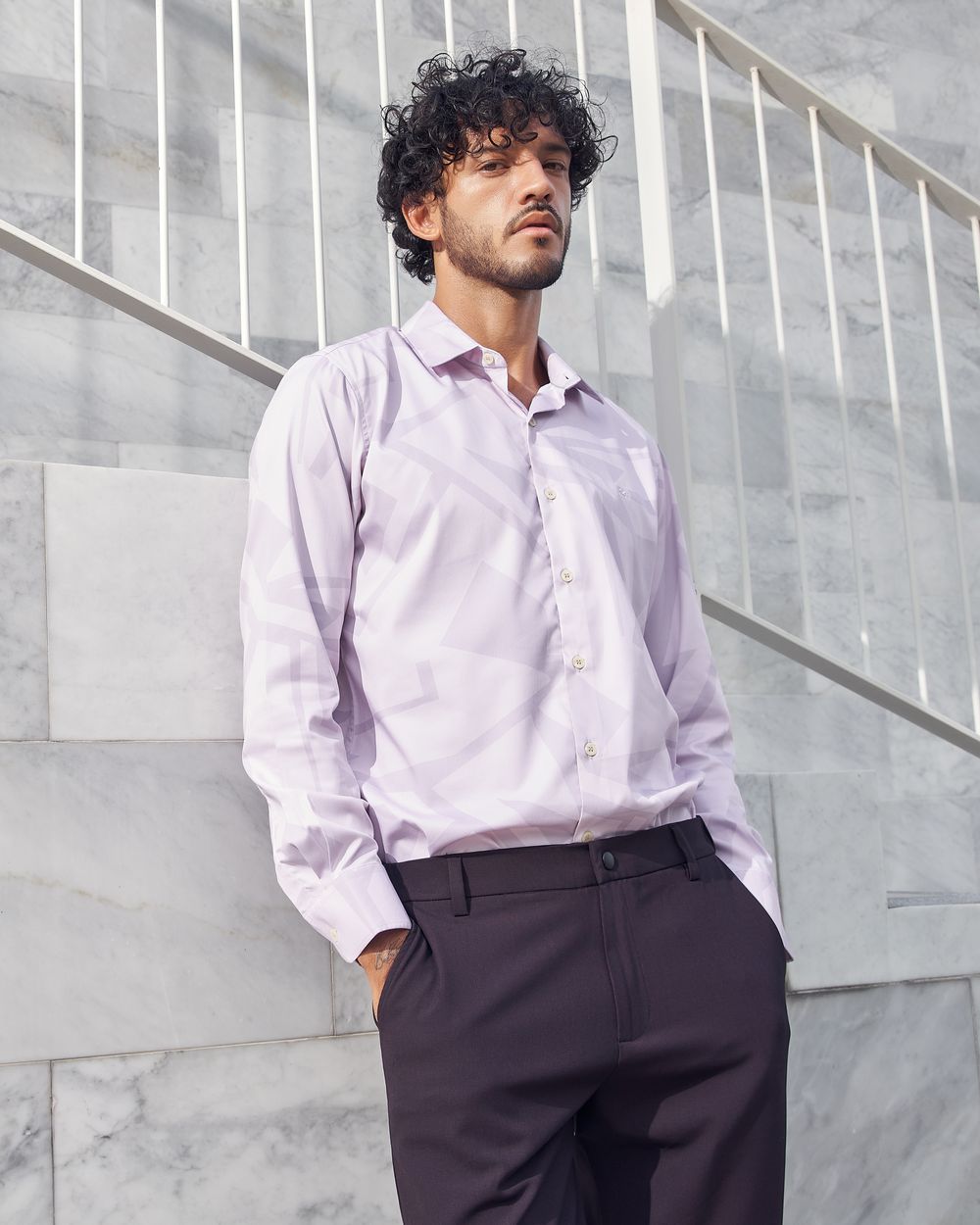 Pastel Pink Digital Print Slim Fit Casual Shirt