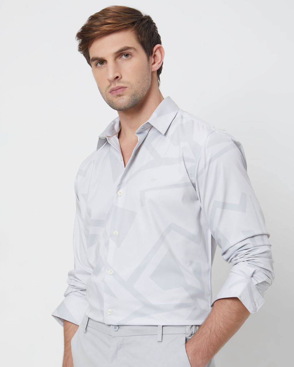 Beige Digital Print Slim Fit Casual Shirt
