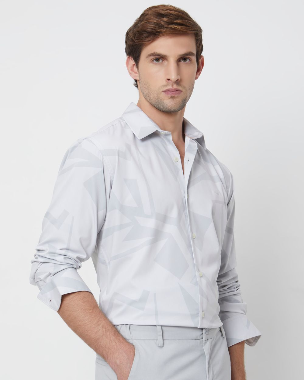 Beige Digital Print Slim Fit Casual Shirt