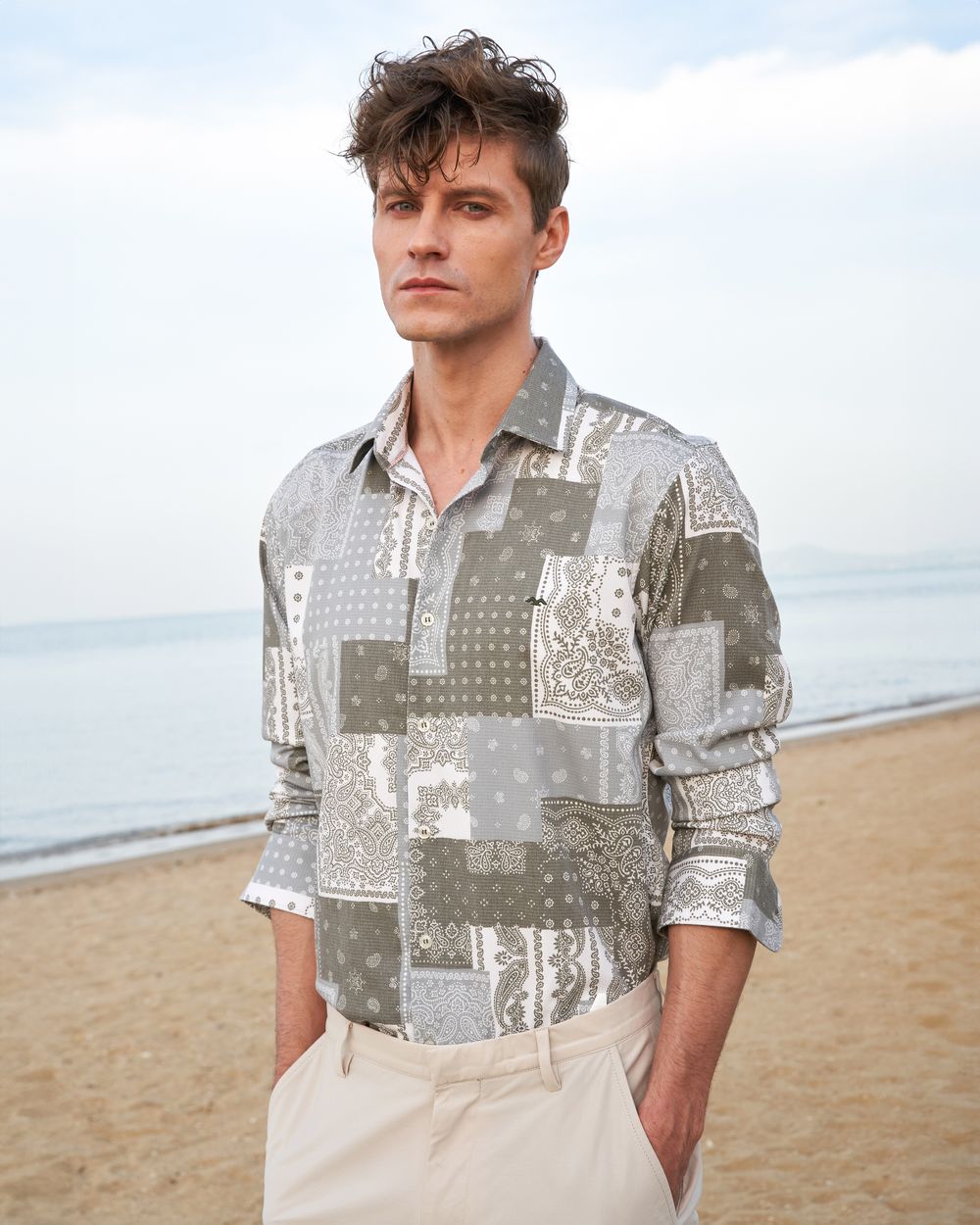 Light Olive Bandana Print Slim Fit Casual Shirt