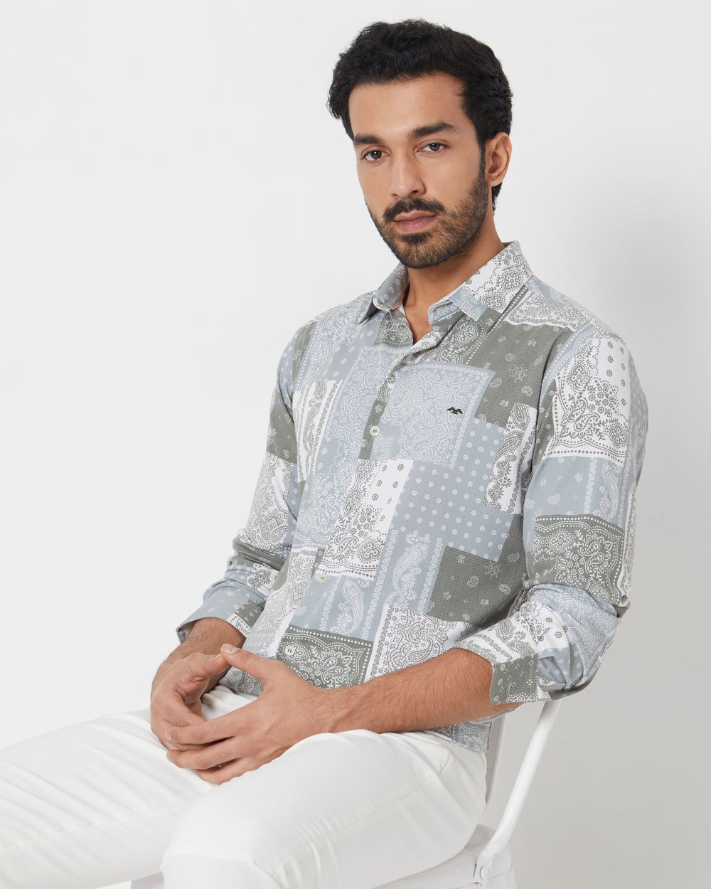 Light Olive Bandana Print Slim Fit Casual Shirt