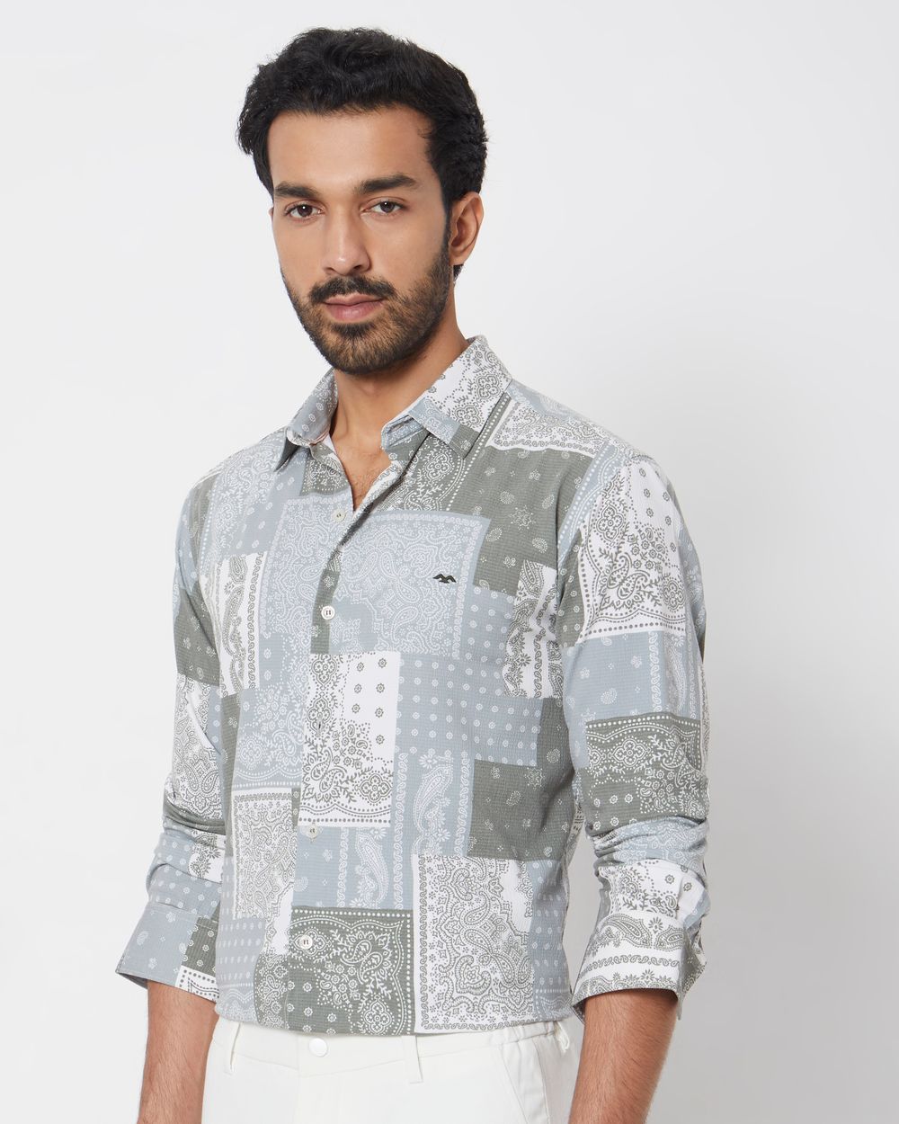 Light Olive Bandana Print Slim Fit Casual Shirt