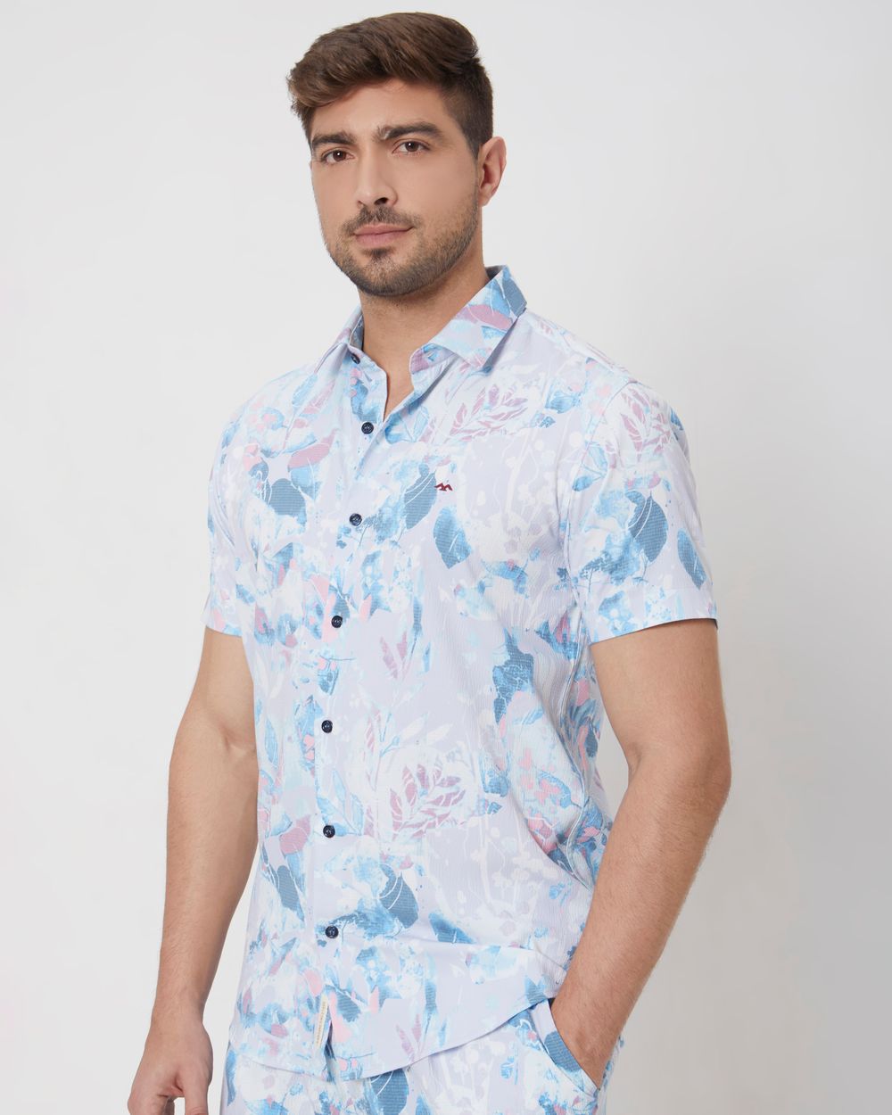 Light Blue Digital Print Slim Fit Casual Shirt