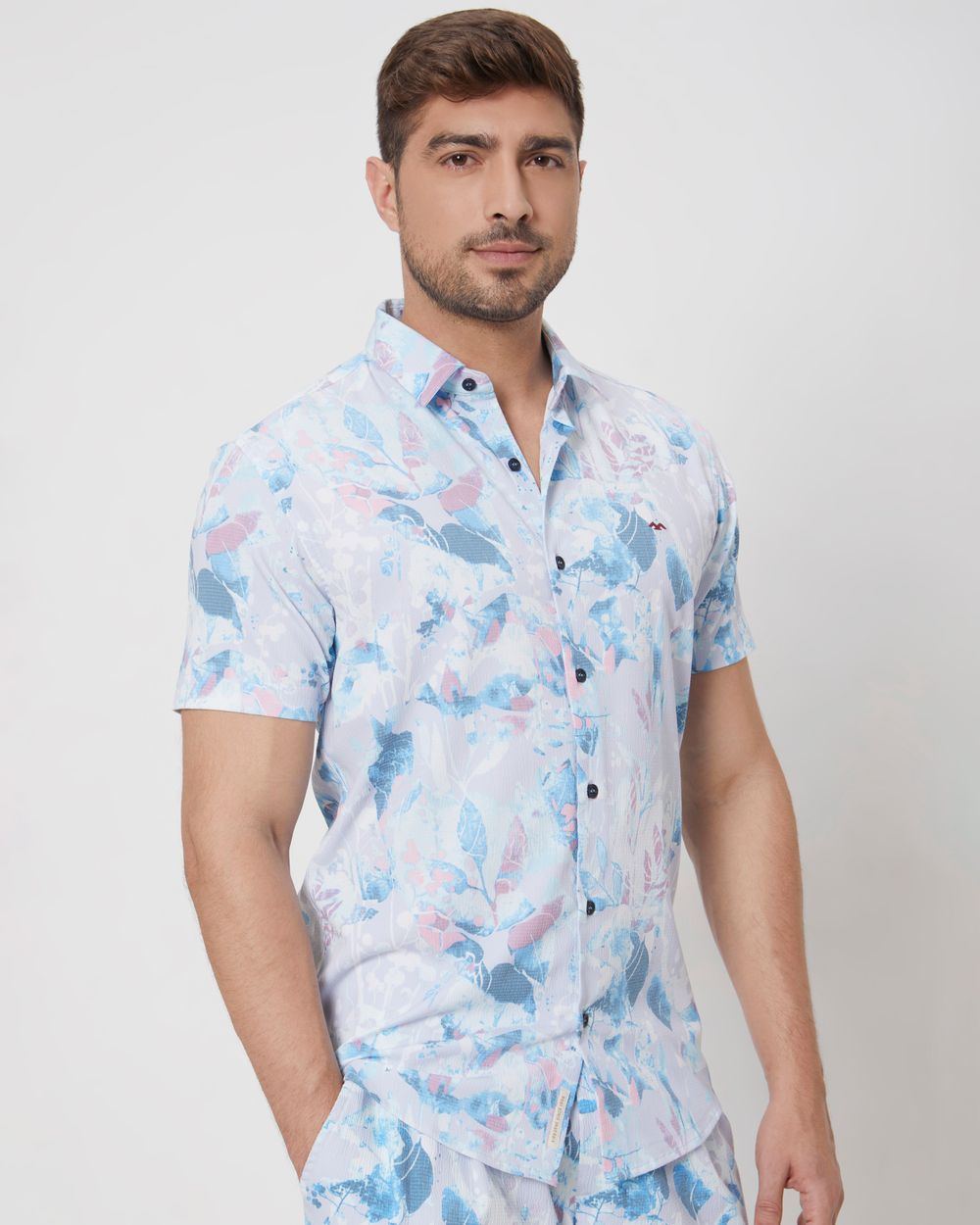 Light Blue Digital Print Slim Fit Casual Shirt