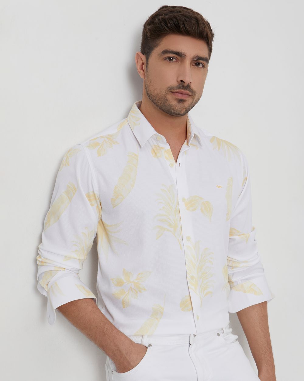 Yellow & White Leaf Print Slim Fit Casual Shirt