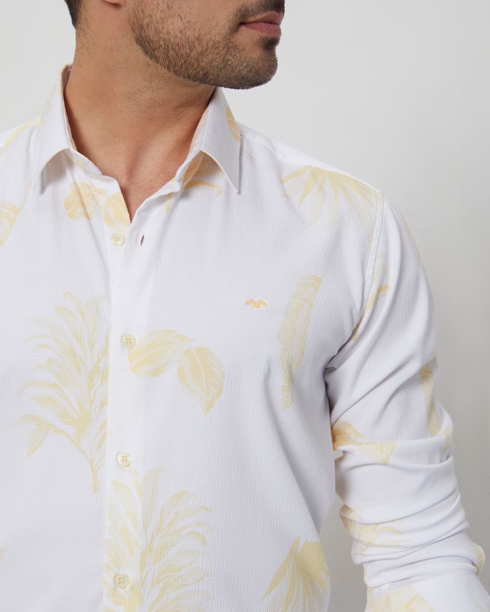 Yellow & White Leaf Print Slim Fit Casual Shirt