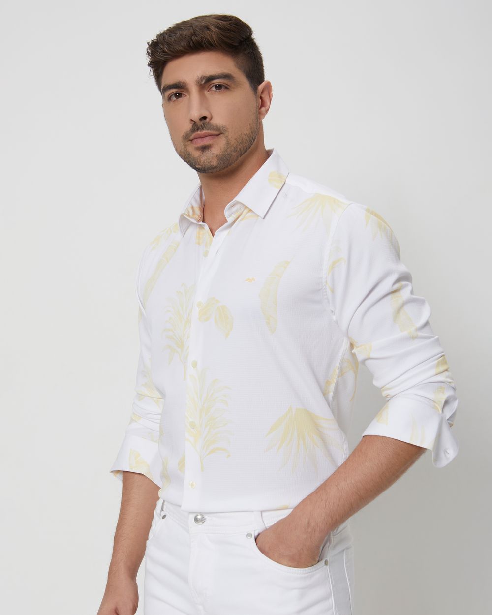 Yellow & White Leaf Print Slim Fit Casual Shirt