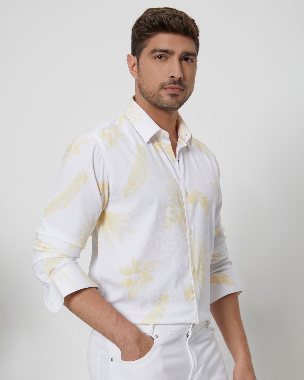 Yellow & White Leaf Print Slim Fit Casual Shirt