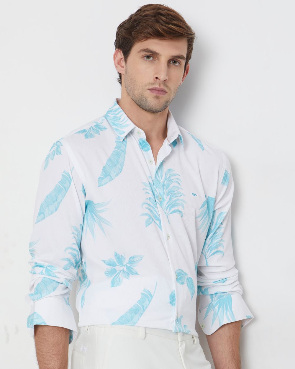 Turquoise & White Leaf Print Slim Fit Casual Shirt