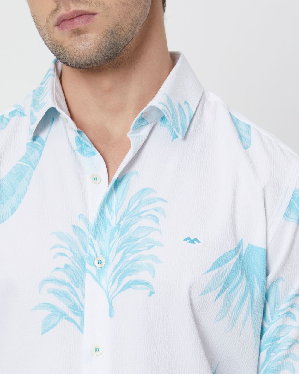 Turquoise & White Leaf Print Slim Fit Casual Shirt