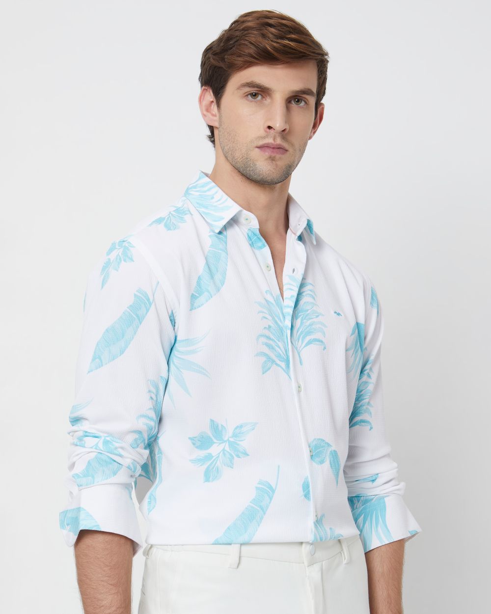 Turquoise & White Leaf Print Slim Fit Casual Shirt