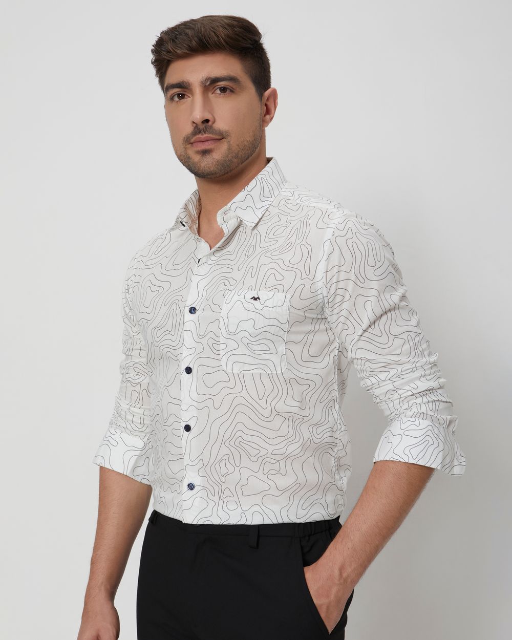 White & Black Abstract Print Slim Fit Casual Shirt