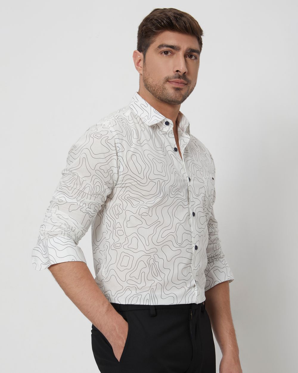 White & Black Abstract Print Slim Fit Casual Shirt