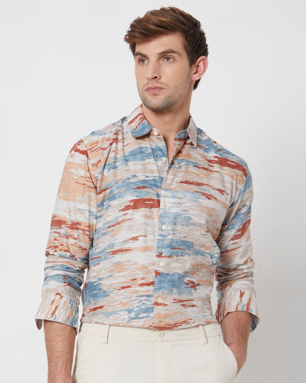 Multi Abstract Cloud Print Slim Fit Casual Shirt