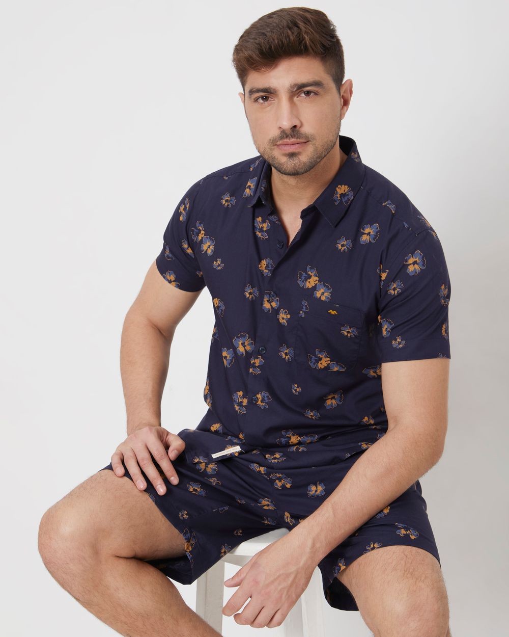 Navy Floral Print Slim Fit Casual Shirt