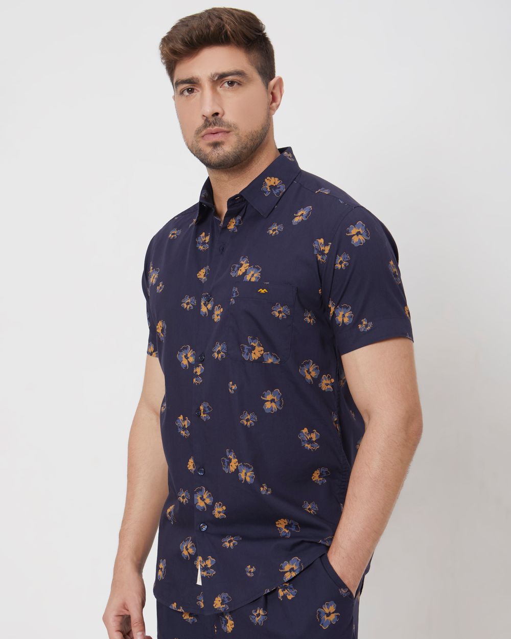 Navy Floral Print Slim Fit Casual Shirt