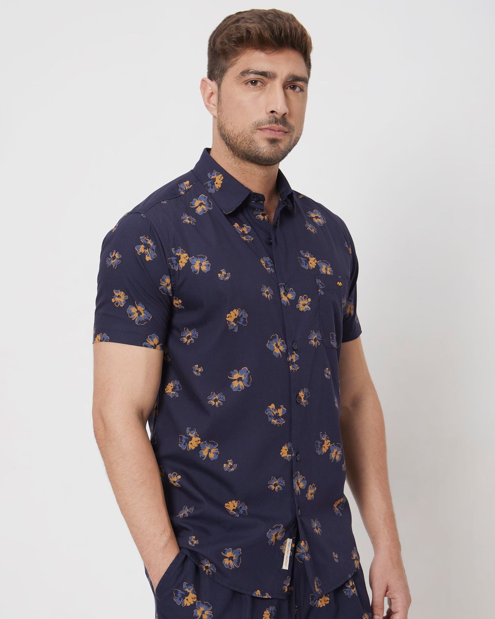 Navy Floral Print Slim Fit Casual Shirt