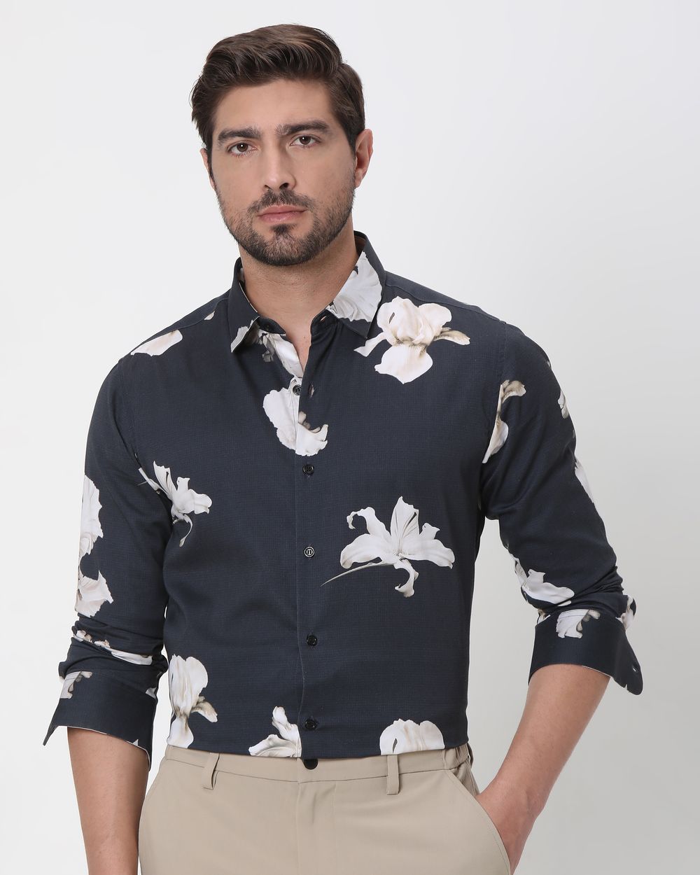 Charcoal Digital Print Slim Fit Casual Shirt