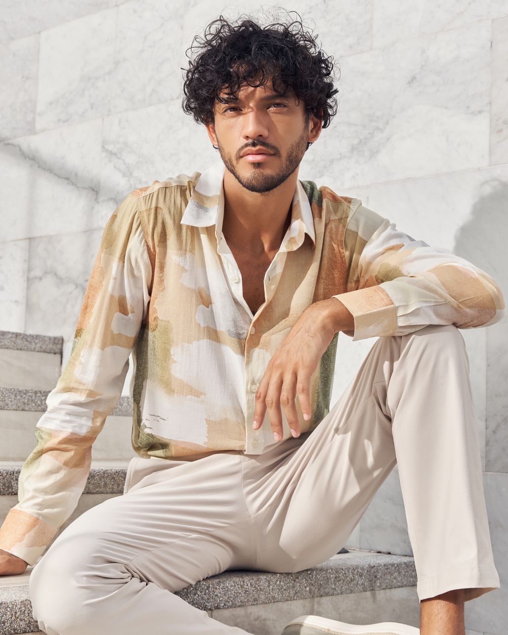 Beige Abstract Print Slim Fit Casual Shirt