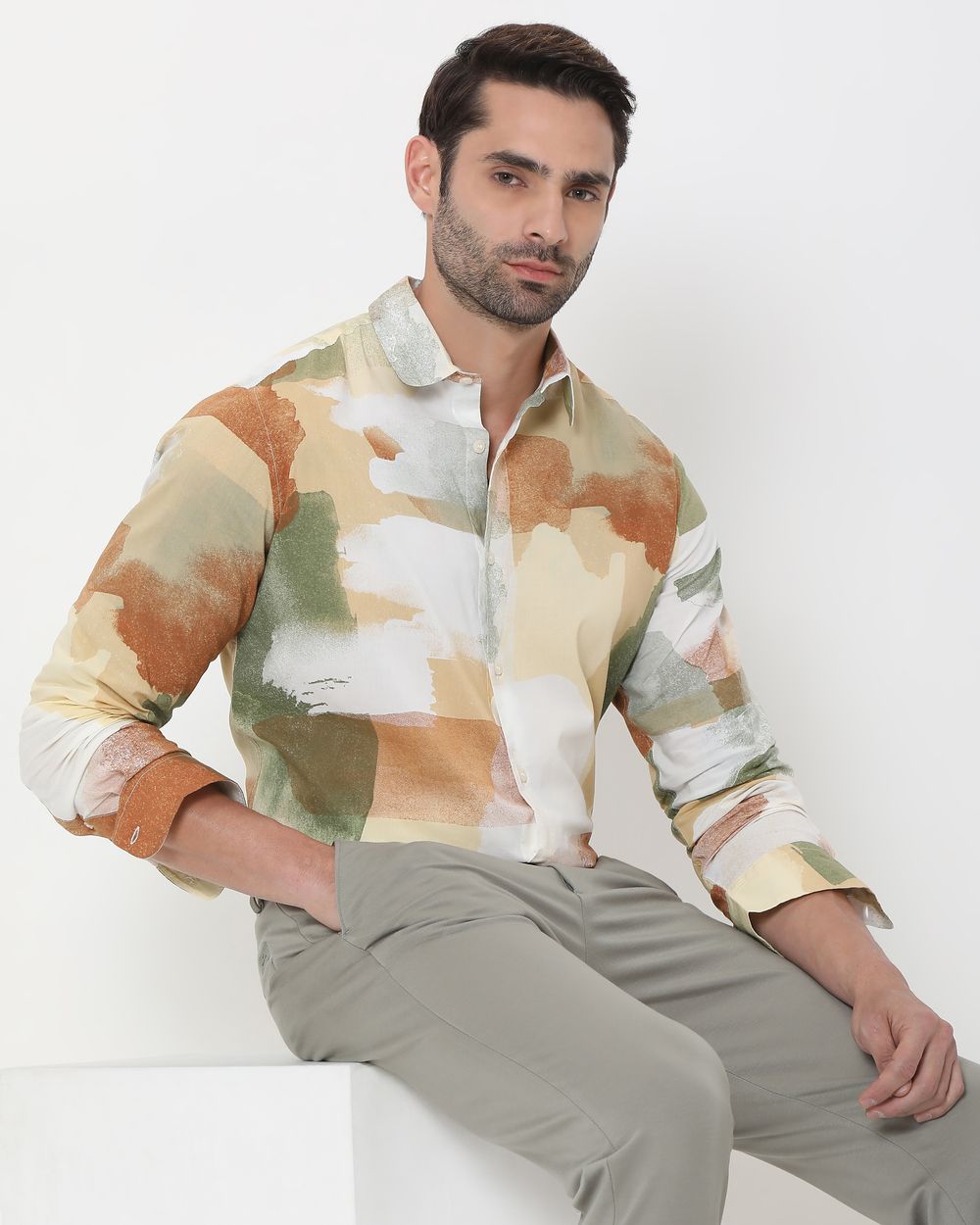 Beige Abstract Print Slim Fit Casual Shirt